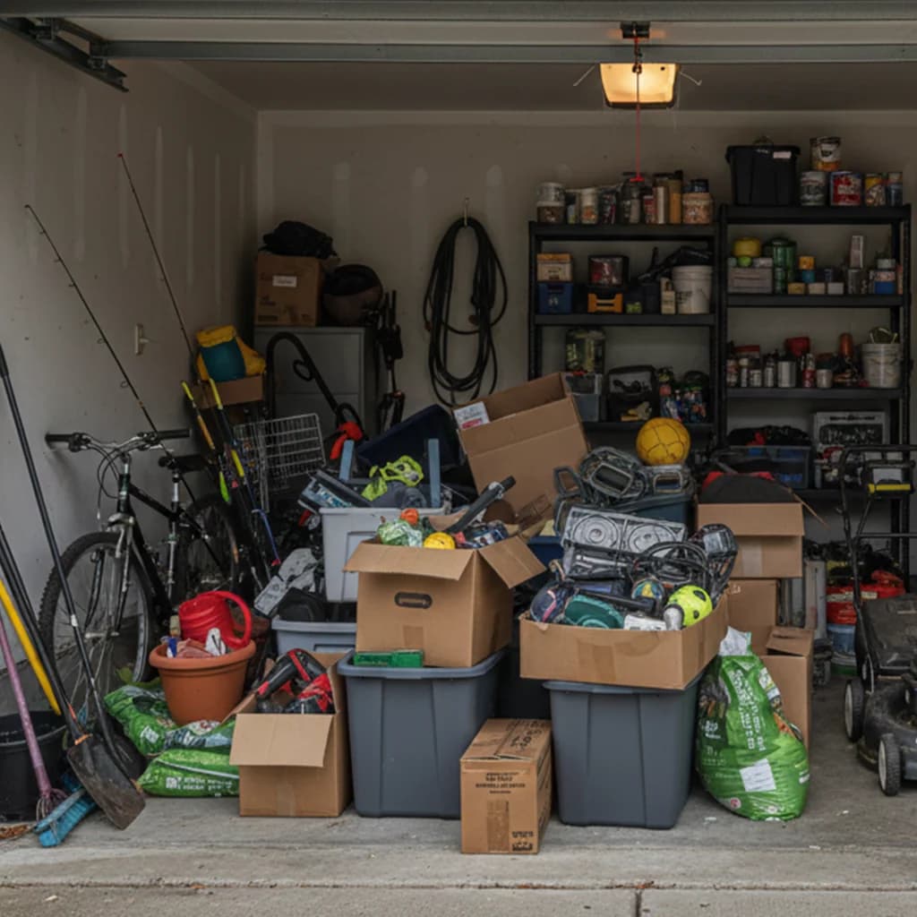 A garage filled with boxes, tools, and household belongings to sort.